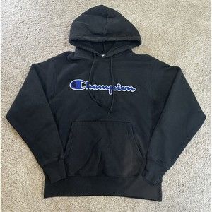 Champion Reverse Weave Hoodie Men’s Medium Sweatshirt Pullover Black Faded
